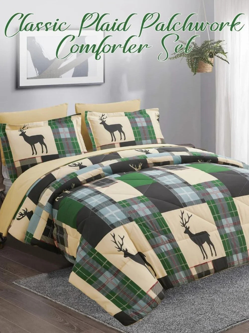 Rustic Green Plaid Patchwork 7-Pc Comforter Set | Queen King Bed In A Bag